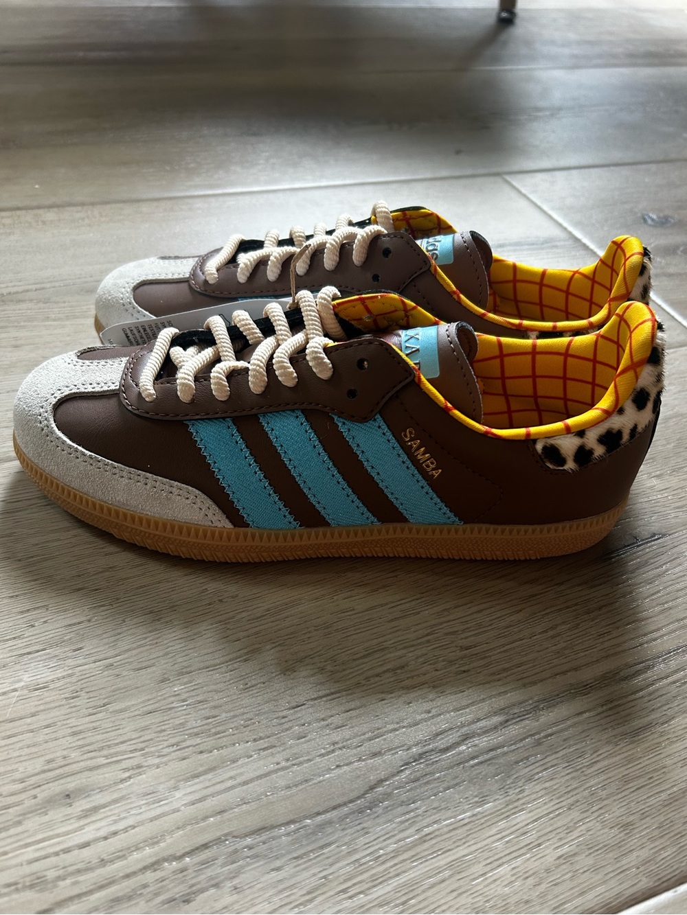 adidas Samba Brown with Blue Stripes and Yellow Lining